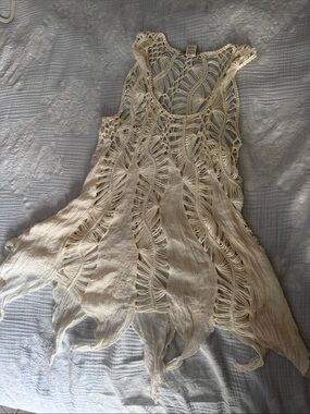 Crochet Boho Fringe Tank Dress in Cream